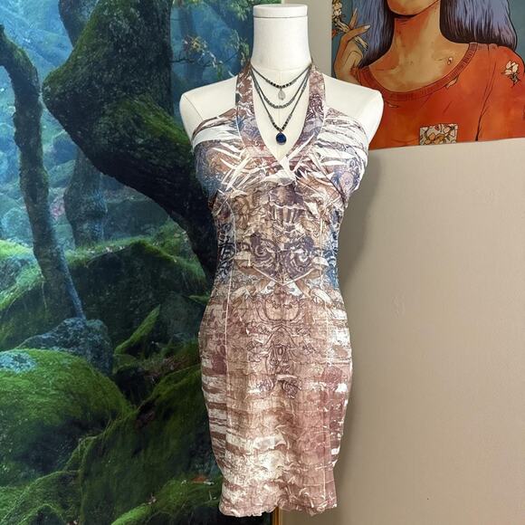 y2k abstract ruched halter bodycon mini dress joyce leslie size L - Picture 2 of 8